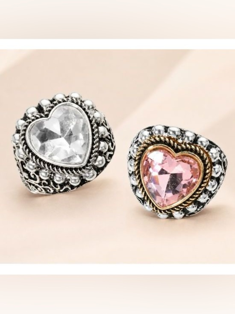 BRAND NEW WITH TAGS Vintage Heart Stretch Ring – Pink or Clear Crystal
